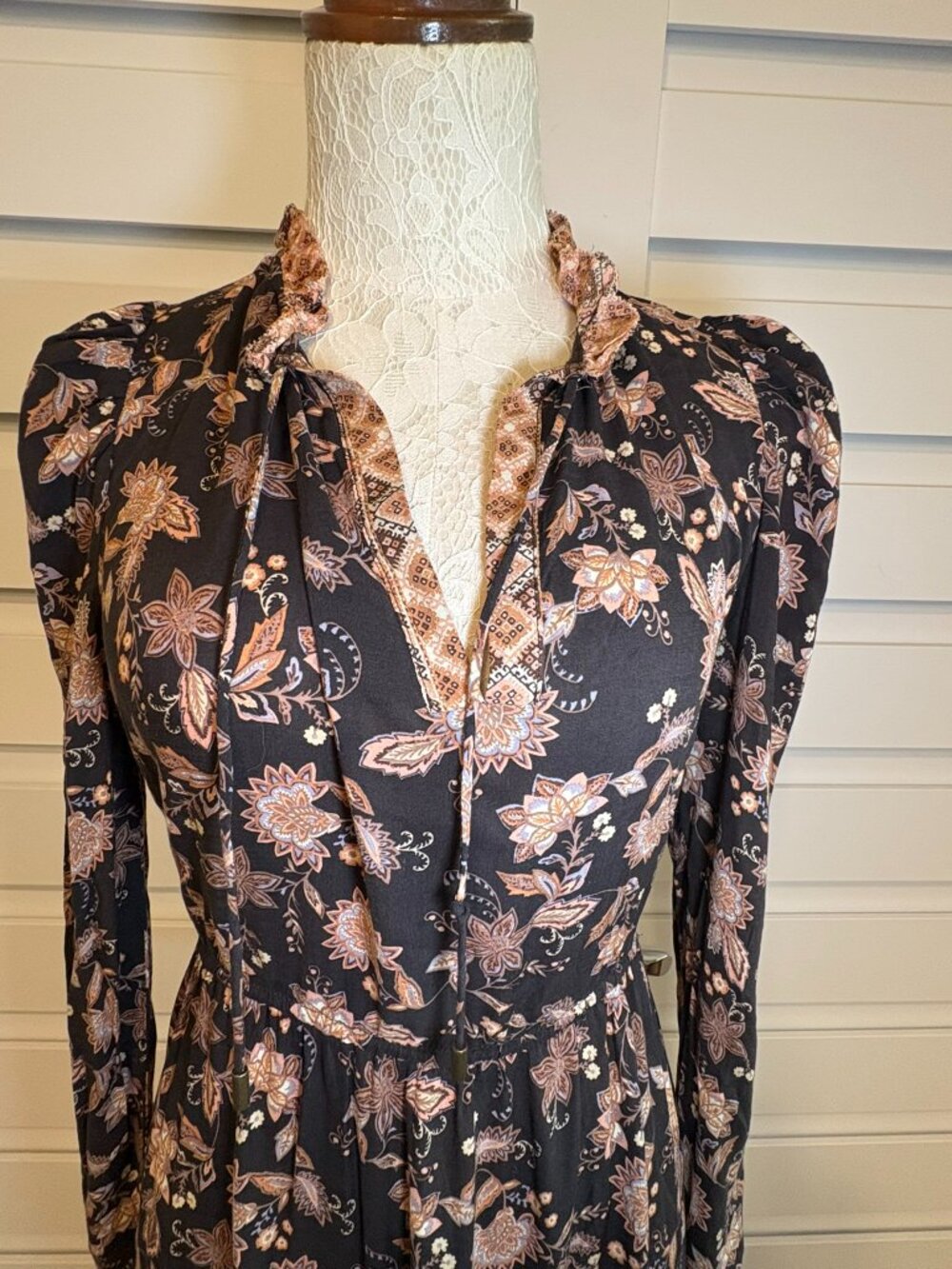 Olivaceous Prairie Floral Tiered Maxi Dress Black Boho Whimsgoth Long Sleeve S - Picture 5 of 14